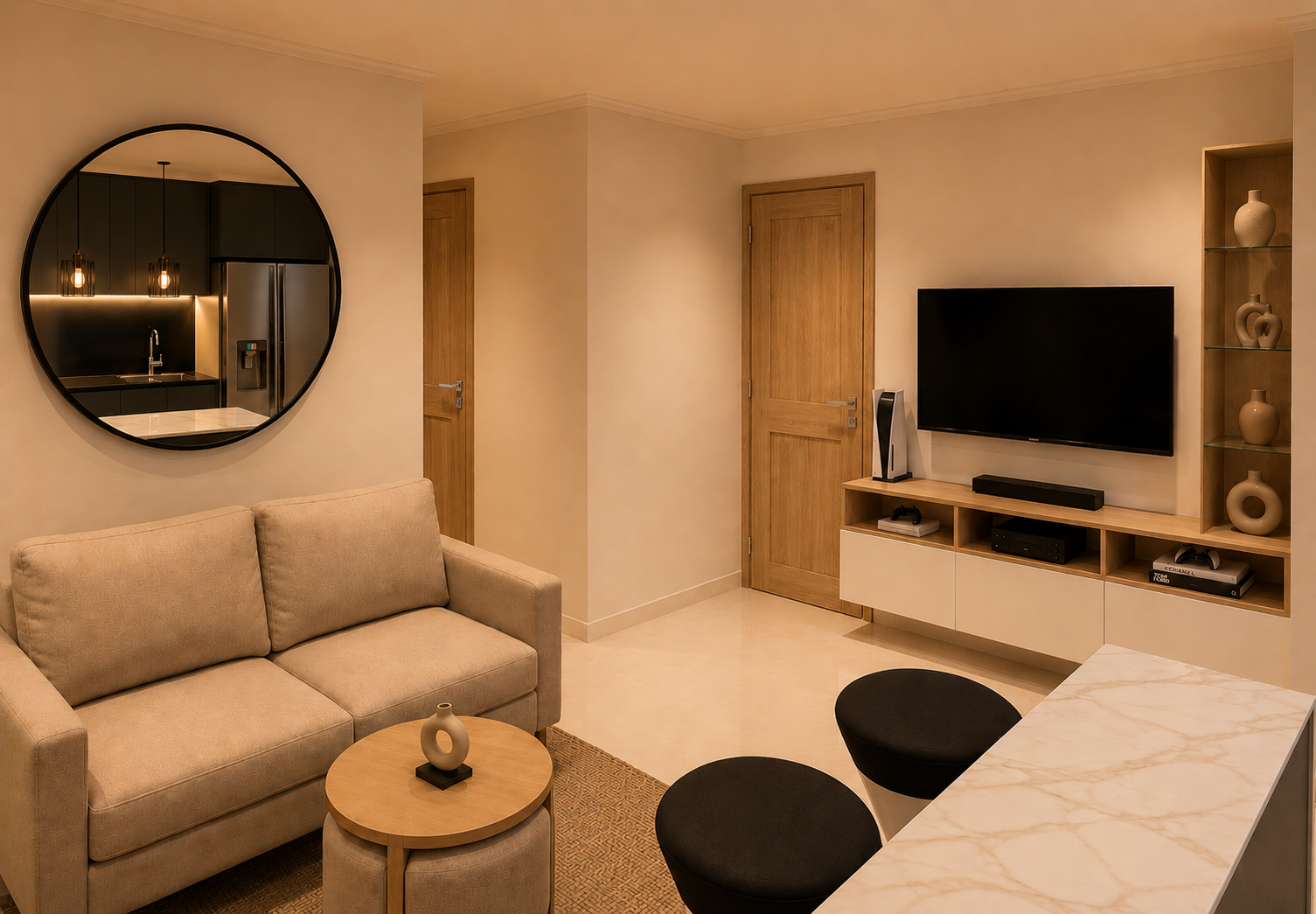 Vista del salón con sofá beige, espejo circular y mueble de televisión a medida